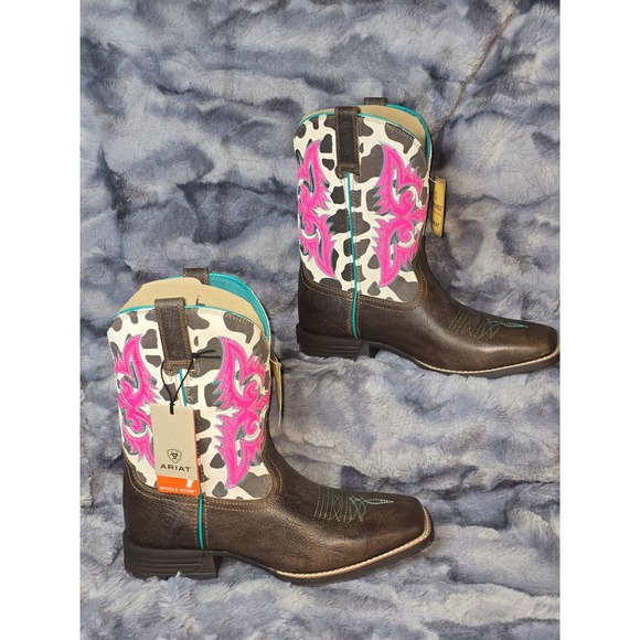 NWB Ariat Kids Lonestar Rowdy Rust Cow Print Western Square Toe Boots Size 6 - Picture 2 of 12